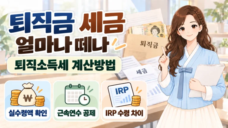 혜담이가 서류를 들고 퇴직금 세금 안내를 하며 퇴직소득세 계산방법, 실수령액 확인, 근속연수 공제, IRP 수령 차이를 보여주는 온혜담 대표 삽화