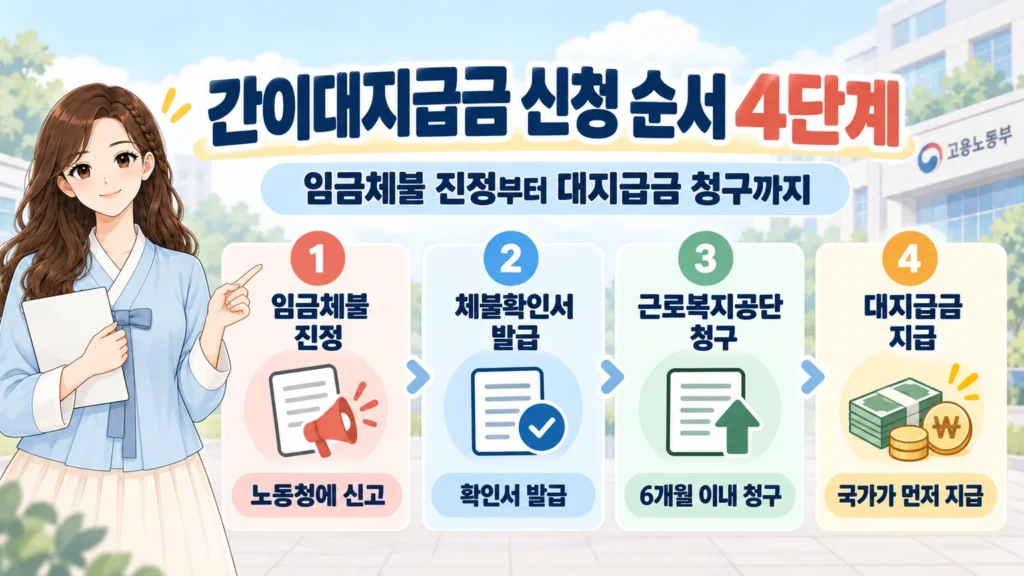 혜담이가 간이대지급금 신청 절차를 안내하며 임금체불 진정, 체불확인서 발급, 근로복지공단 청구, 대지급금 지급의 4단계를 보여주는 온혜담 본문 삽화