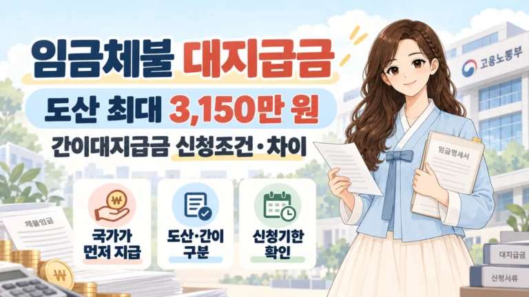 혜담이가 서류와 임금명세서를 들고 임금체불 대지급금 제도를 안내하며 도산 최대 3,150만 원, 간이대지급금 신청조건과 차이, 국가가 먼저 지급하는 제도임을 보여주는 온혜담 대표 삽화