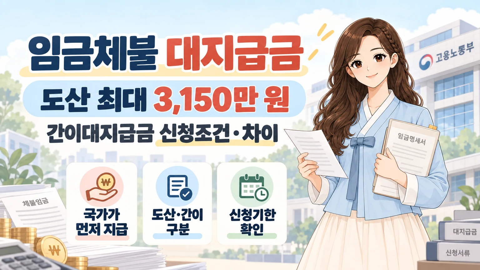 혜담이가 서류와 임금명세서를 들고 임금체불 대지급금 제도를 안내하며 도산 최대 3,150만 원, 간이대지급금 신청조건과 차이, 국가가 먼저 지급하는 제도임을 보여주는 온혜담 대표 삽화
