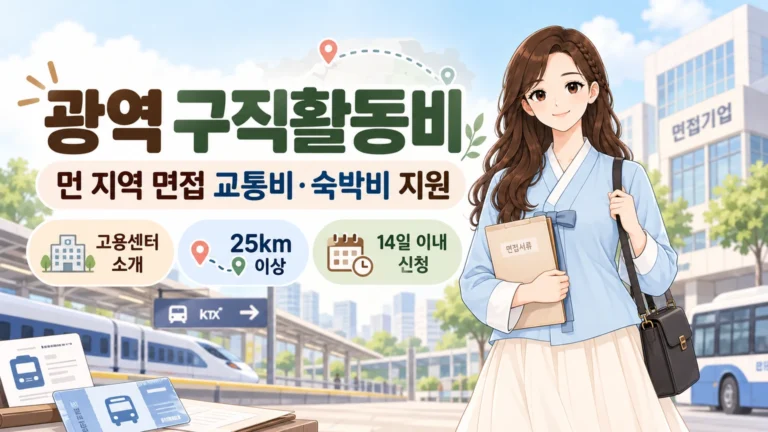 혜담이가 면접서류를 들고 광역 구직활동비 제도를 안내하며 고용센터 소개, 거주지에서 사업장까지 25km 이상, 구직활동 종료 후 14일 이내 신청 조건을 보여주는 온혜담 대표 삽화