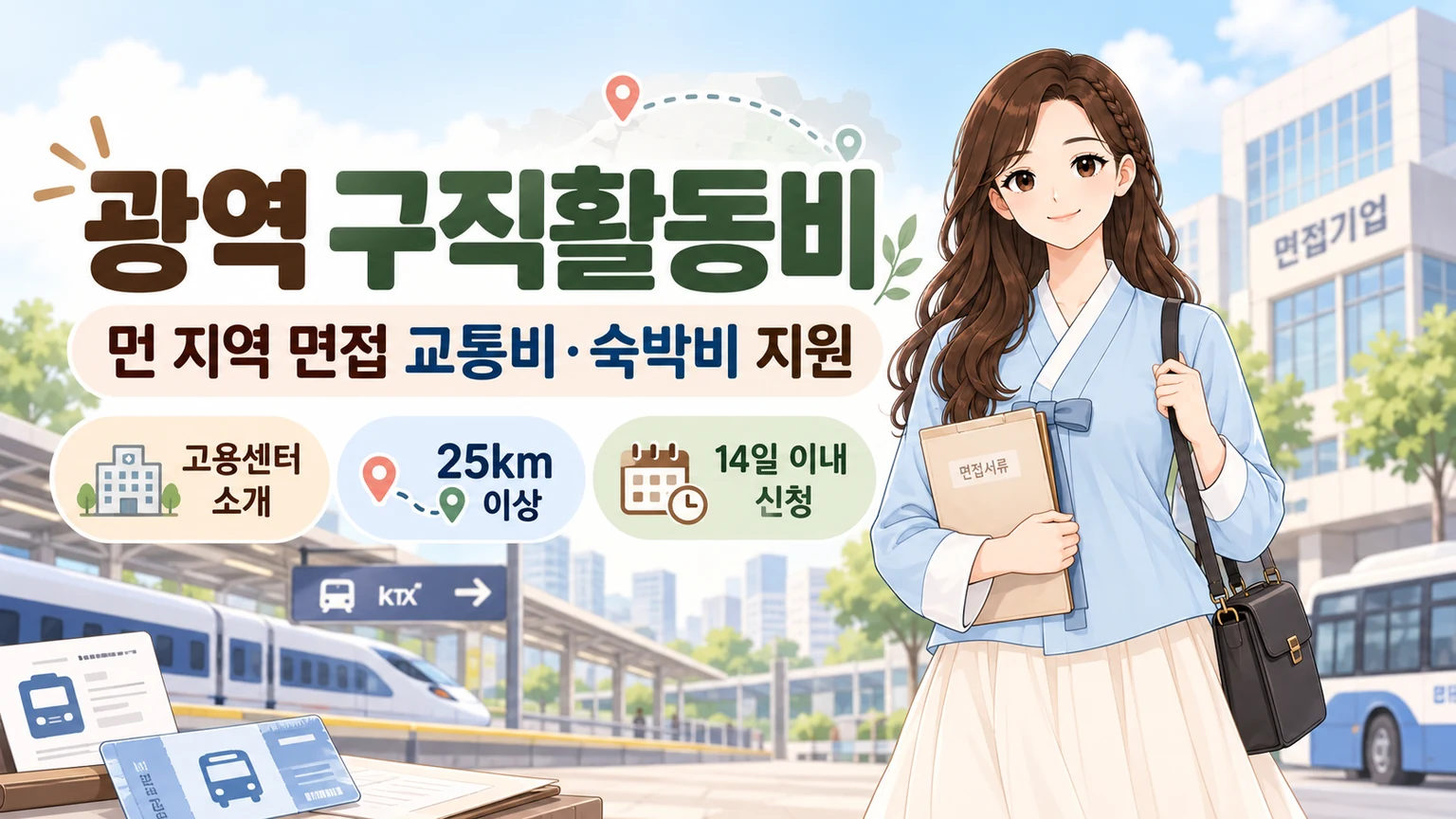 혜담이가 면접서류를 들고 광역 구직활동비 제도를 안내하며 고용센터 소개, 거주지에서 사업장까지 25km 이상, 구직활동 종료 후 14일 이내 신청 조건을 보여주는 온혜담 대표 삽화
